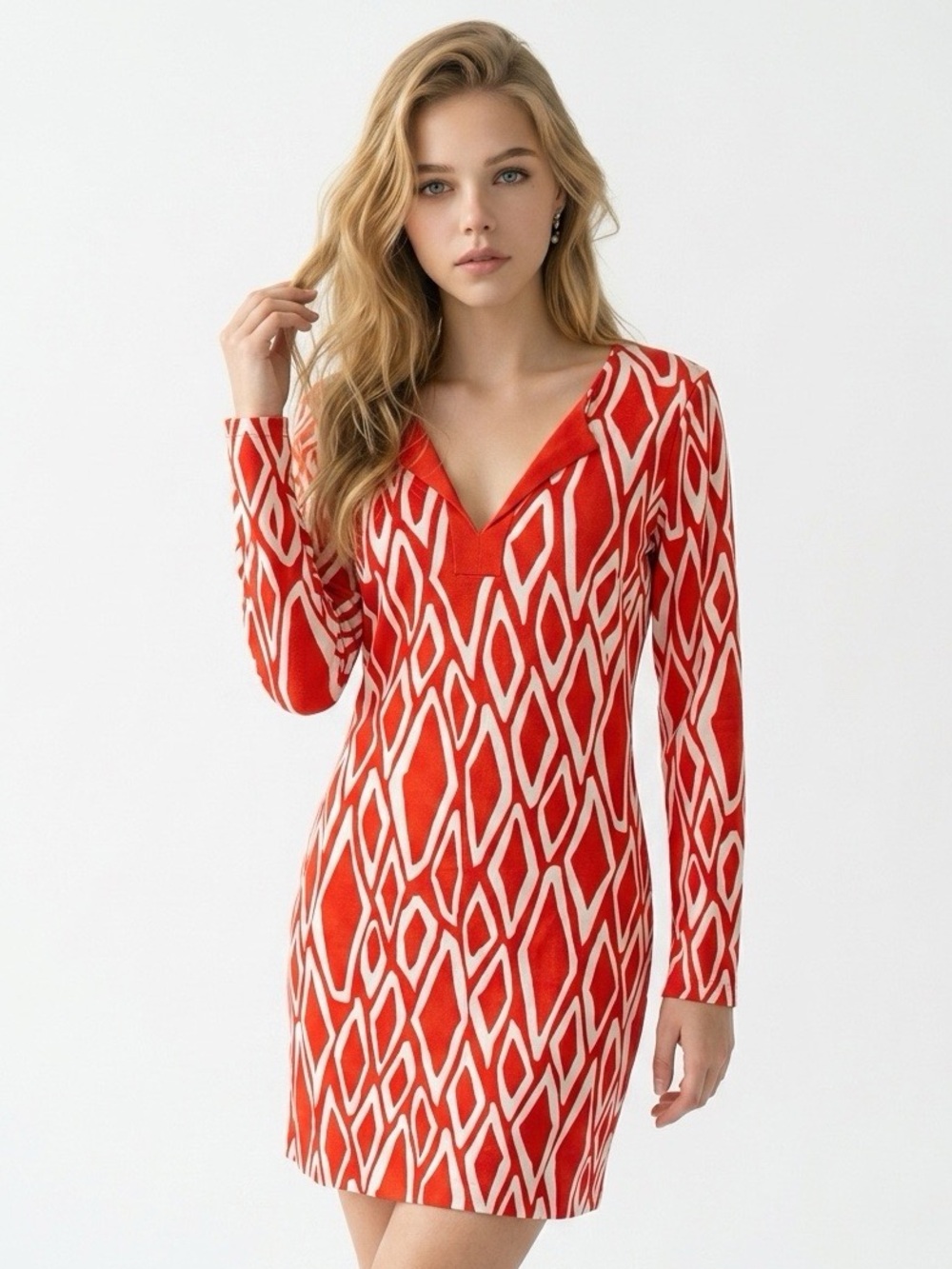 Diane Von Furstenberg Red and White Geometric V‑Neck Long Sleeve Dress (rack14)